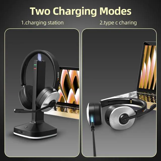 Alt view image 3 of 5 - Wantek Wireless Bluetooth Headset with Charging Dock 2-in-1 USB Dongle/Bluetooth Connection, Noise Canceling Mic for Office/Work/Travel