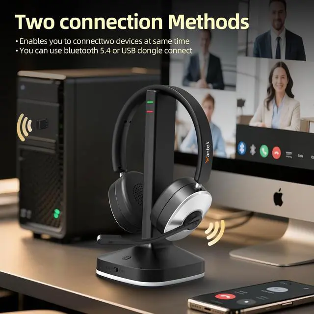 Alt view image 5 of 5 - Wantek Wireless Bluetooth Headset with Charging Dock 2-in-1 USB Dongle/Bluetooth Connection, Noise Canceling Mic for Office/Work/Travel