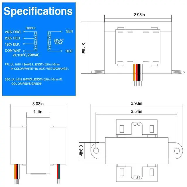 Alt view image 3 of 5 - Control Transformer 24V 75VA, Multi-Tap 120/208/240V to 24VAC Industrial Power Transformer with Foot Mount for HVAC Furnace, Relays, and Gas Valves