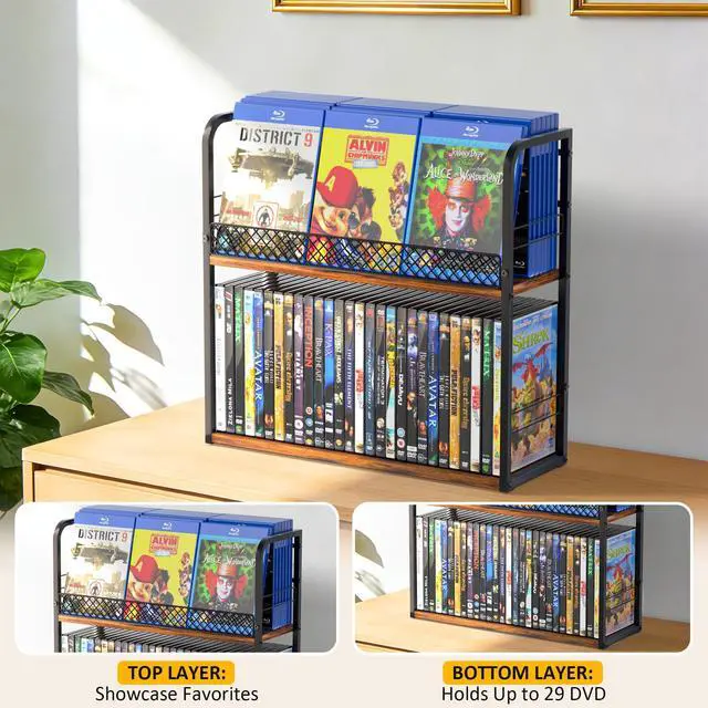 Alt view image 2 of 5 - Alyoen 2-Tier DVD Storage Rack, DVD Shelf, DVD Holder Organizer with Display Top Shelf & Non-slip Pads, Stores Up to 56 DVDs, Retro DVD Stand Tower for Music Enthusiasts, Collection