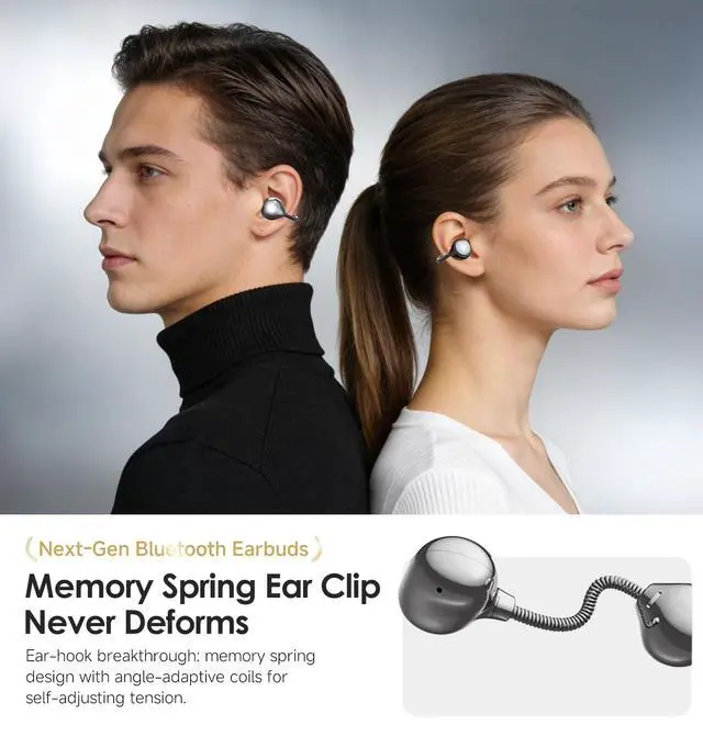 Alt view image 2 of 5 - Kinglucky Clip-On Earbuds with Memory Spring,Comfortable Open-Ear Wireless Bluetooth 6.0 Headphones with Mic,for Small Ears & Glasses Wearers,45H Playtime,ENC,IPX5 Waterproof Sport Earbuds (Bla
