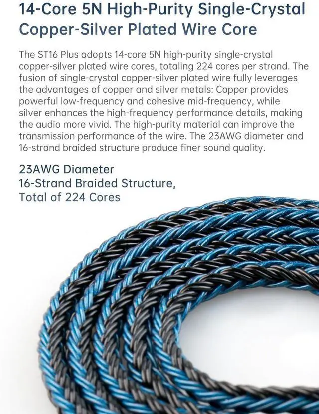 Alt view image 4 of 5 - keephifi 6ft IEM Cable 2 Pin 3.5mm, KBEAR ST16-Plus 2m Upgrade 16-Strand Headphone Extension Cable, Silver-Plated Earbuds Wire for Truthear Hexa/Zero, Simgot EW100P, Moondrop blessing2