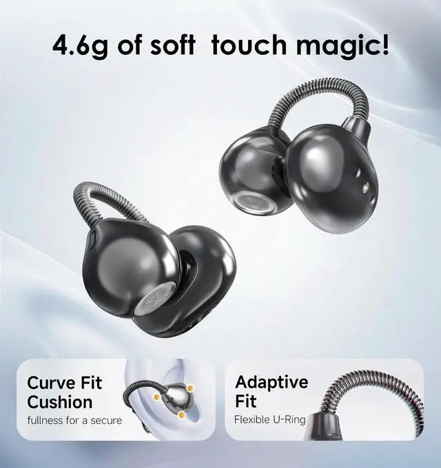 Alt view image 4 of 5 - Kinglucky Clip-On Earbuds with Memory Spring,Comfortable Open-Ear Wireless Bluetooth 6.0 Headphones with Mic,for Small Ears & Glasses Wearers,45H Playtime,ENC,IPX5 Waterproof Sport Earbuds (Bla