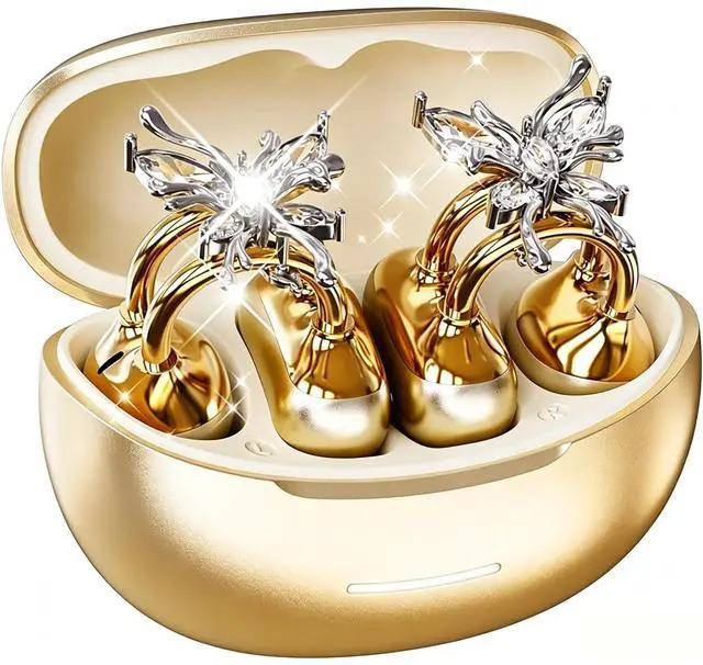 Main image of NexBeam Clip-On Open Ear Earbuds with Detachable Crystal Butterfly Earrings, Bluetooth 6.0 Wireless Headphones for Women, 50H Playtime, Comfortable Fit for Small Ears, Sports, Glasses Wearers