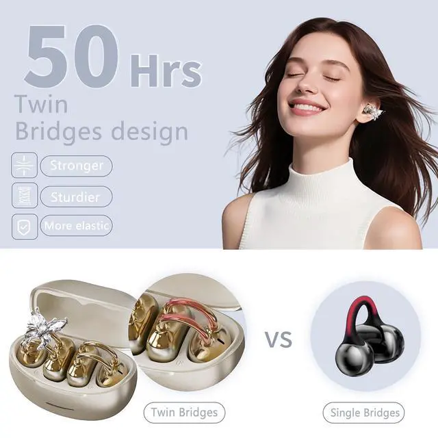 Alt view image 5 of 5 - NexBeam Clip-On Open Ear Earbuds with Detachable Crystal Butterfly Earrings, Bluetooth 6.0 Wireless Headphones for Women, 50H Playtime, Comfortable Fit for Small Ears, Sports, Glasses Wearers