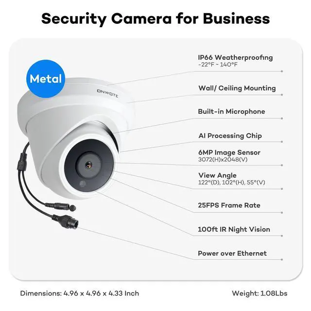 Alt view image 4 of 5 - ONWOTE 6MP Super HD PoE IP Security Camera with Audio, AI Human Vehicle Detection, 3072x2048 6 Megapixels, 122 FoV, Indoor/Outdoor Commercial Wired Camera for Business, Add-on to PoE NVR System