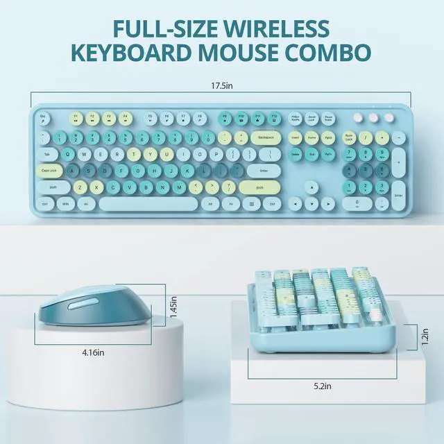 Alt view image 2 of 5 - Vumilstek Colorful Blue Keyboard and Mouse Combo Wireless, 2.4G Full Size 104-Key Retro Typewriter Keyboards Round Keys for Students Teenagers Home Office PC Laptop(Colorful Blue)