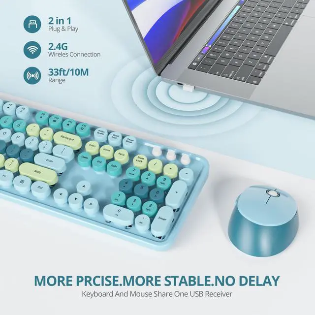 Alt view image 3 of 5 - Vumilstek Colorful Blue Keyboard and Mouse Combo Wireless, 2.4G Full Size 104-Key Retro Typewriter Keyboards Round Keys for Students Teenagers Home Office PC Laptop(Colorful Blue)