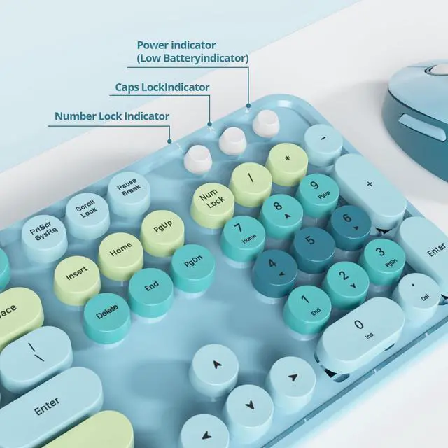 Alt view image 5 of 5 - Vumilstek Colorful Blue Keyboard and Mouse Combo Wireless, 2.4G Full Size 104-Key Retro Typewriter Keyboards Round Keys for Students Teenagers Home Office PC Laptop(Colorful Blue)