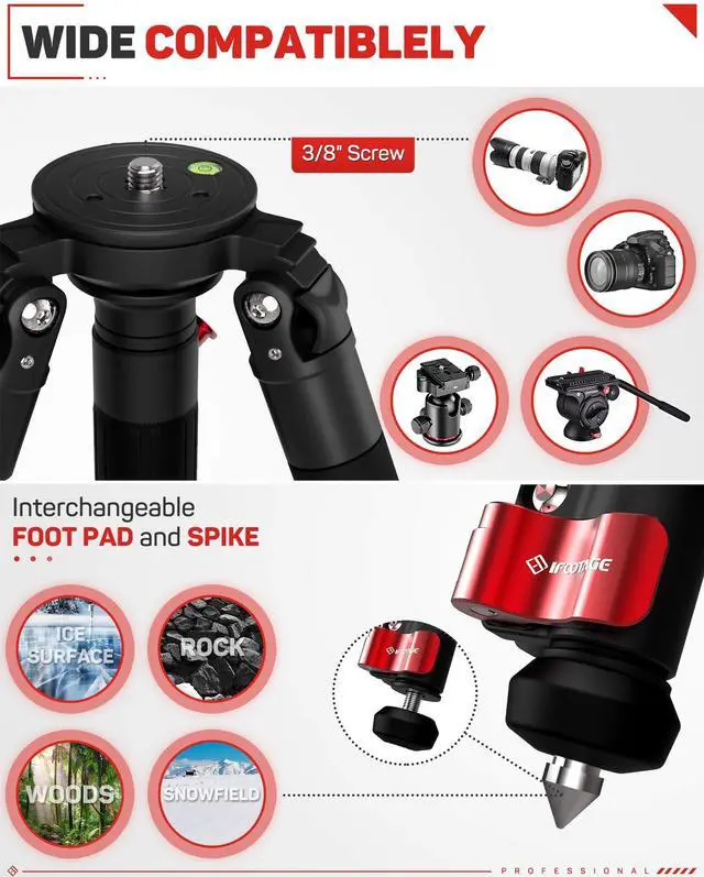 Alt view image 4 of 5 - IFOOTAGE 65" Camera Tripod, Carbon Fiber Video Tripod 3 Sections Telescopic with Fastbowl, Camera Stand Compatible with Canon Nikon Sony DSLR Camcorder Photography, Max Load 26.4 lbs