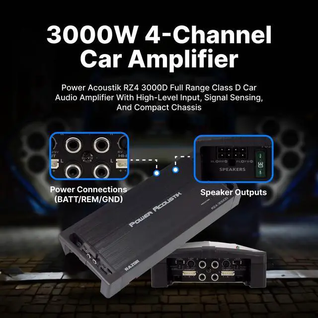 Alt view image 2 of 5 - Power Acoustik RZ4 3000D Razor Series Class D Full-Range & Monoblock Amp 4 Channels, 3,000 Watts Max