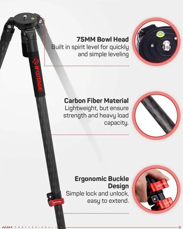 Alt view image 5 of 5 - IFOOTAGE 65" Camera Tripod, Carbon Fiber Video Tripod 3 Sections Telescopic with Fastbowl, Camera Stand Compatible with Canon Nikon Sony DSLR Camcorder Photography, Max Load 26.4 lbs
