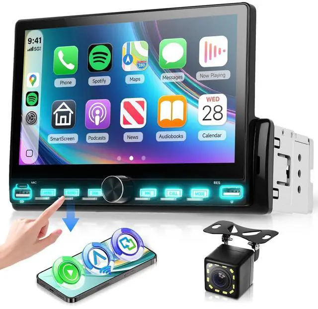 Main image of Single Din Touch Screen Car Radio with Wireless Carplay and Android Auto, 7 Inch Single Din Car Stereo with Bluetooth, FM Radio, EQ, Online Video, Mirror Link, USB/Type-C, SWC+ Camera