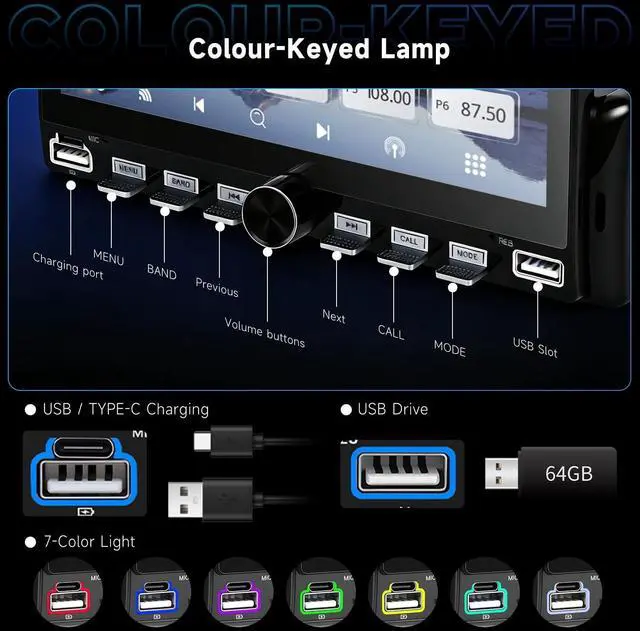 Alt view image 4 of 5 - Single Din Touch Screen Car Radio with Wireless Carplay and Android Auto, 7 Inch Single Din Car Stereo with Bluetooth, FM Radio, EQ, Online Video, Mirror Link, USB/Type-C, SWC+ Camera