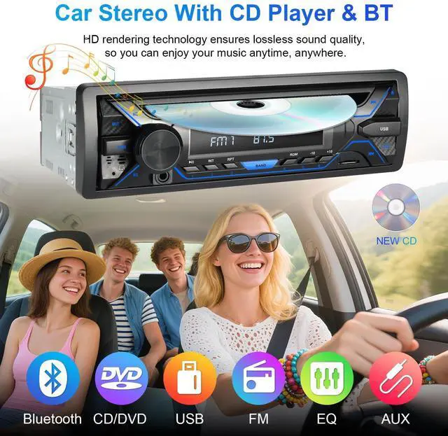 Alt view image 2 of 5 - Single Din Bluetooth Car Stereo with CD/DVD Player, Car Radio Single Din with AM/FM, SD Card/AUX/USB Playback