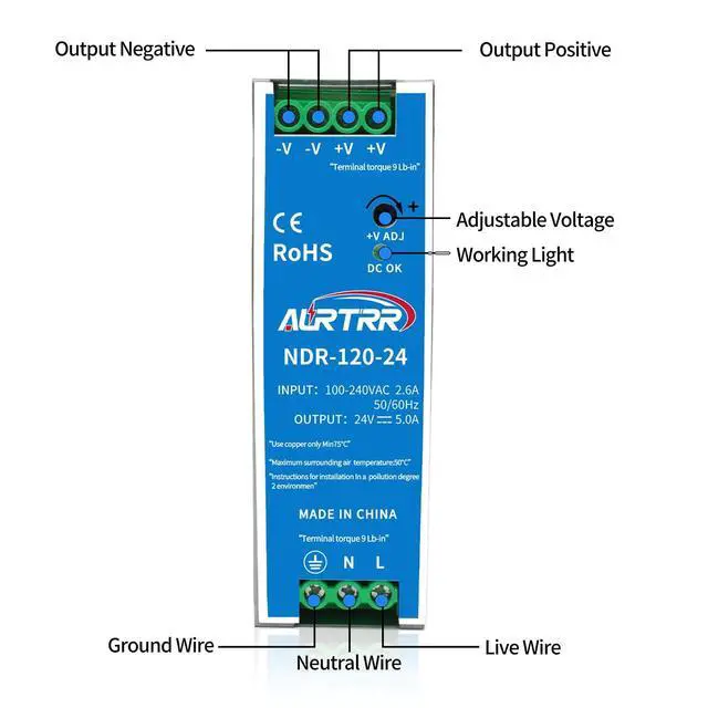 Alt view image 5 of 5 - (10pcs) Din Rail 110v 120vac to 24v Power Supply 5 amp;Input 100-240Vac;Output:24 Volt;ndr 120-24 120w;Power Converter