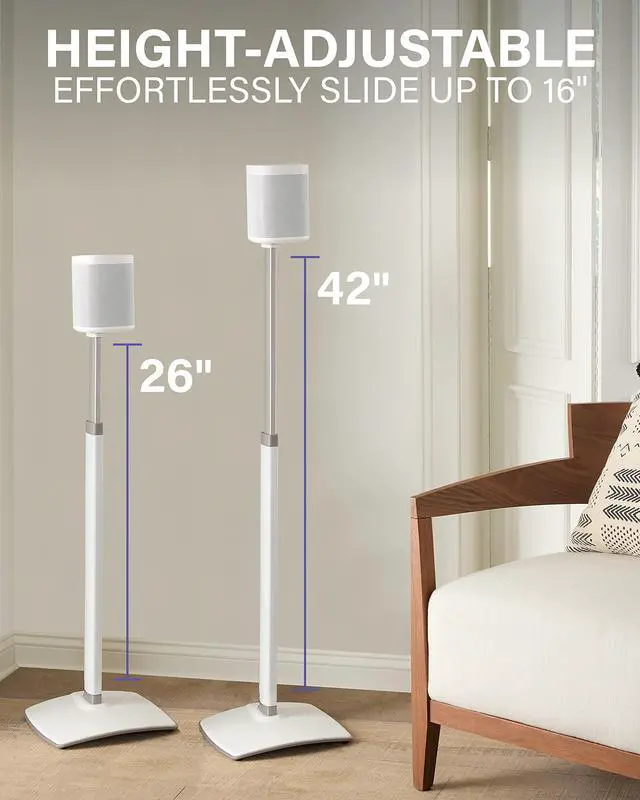 Alt view image 2 of 5 - SANUS Adjustable Height Wireless Speaker Stands Designed for Sonos One, One SL, and Play:1 - Tool-Free Adjustment up to 16" and Built-in Cable Management (White)