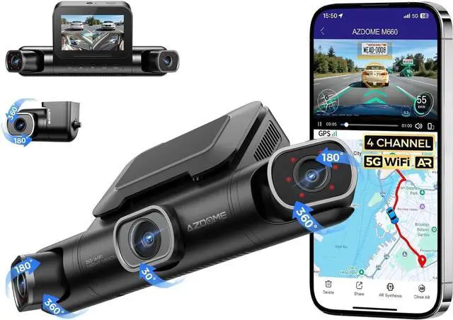 Main image of AZDOME 360 4 Channel Dash Cam, Front Rear Left Right Recording, Built-in 128GB eMMC, 4 Adjustable Lenses, 2K + 1080P x3, 5G WiFi, Voice Control, IR Night Vision
