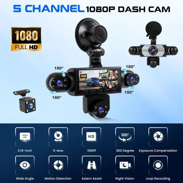 Alt view image 2 of 5 - 5 Channel Dash Cam 360 View, 1080P Front and Rear Left Right Inside 3.16 Inch Dash Camera for Cars, 12 Lights Night Vision, Motion Detection Camera for Cars