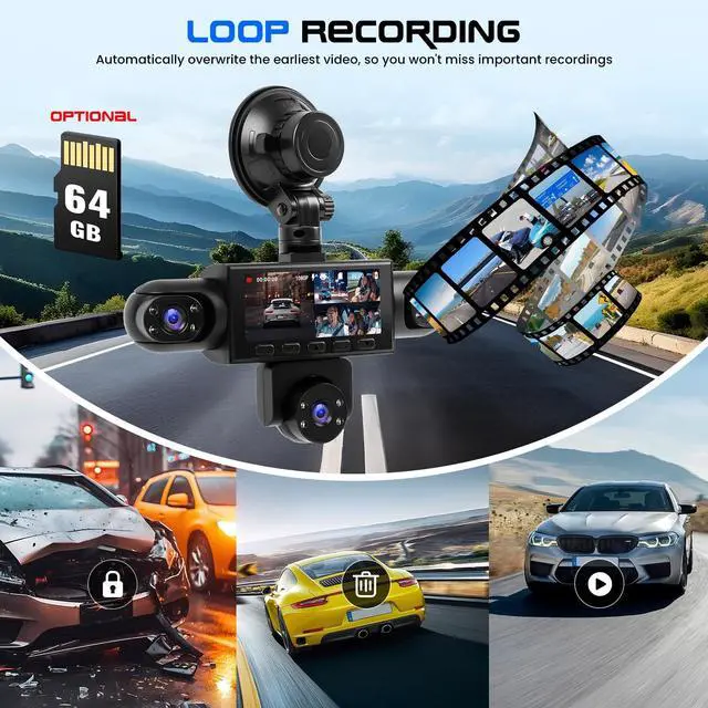 Alt view image 4 of 5 - 5 Channel Dash Cam 360 View, 1080P Front and Rear Left Right Inside 3.16 Inch Dash Camera for Cars, 12 Lights Night Vision, Motion Detection Camera for Cars