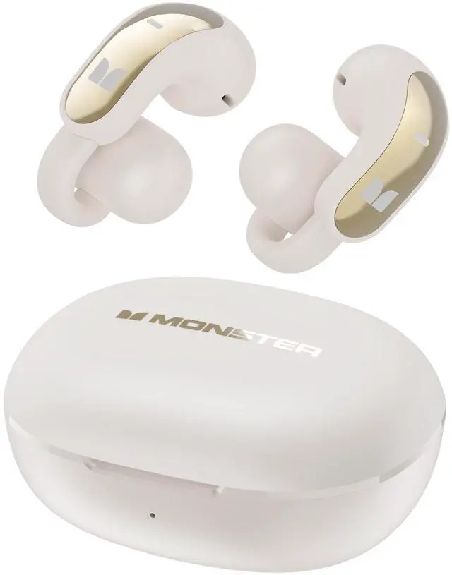 Main image of Monster Open Ear AC228 Headphones, Clip-On Earbuds, Adaptive Comfort, Immersive Audio, Bluetooth 6.0 Open Ear Earbuds with 30H Playtime, IPX5 Water Resistant - White