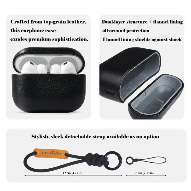 Alt view image 2 of 5 - AeroZylo for AirPods Pro 3 (2025) 100% Genuine Leather Case,Full-Grain Leather Cover Case,Handmade Top,Shockproof Protective,Wireless Charging,for AirPods Pro 3rd Gen (Black