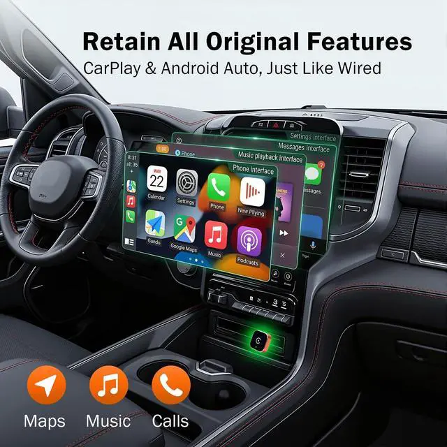 Alt view image 2 of 5 - Gallasys Wireless CarPlay Adapter for iPhone & Android Auto Adapter, Convert Wired to Wireless CarPlay Dongle,Dual-Band 5.8G WiFi+Bluetooth 5.4, Plug&Play, Compatible iOS10+ & Android11+