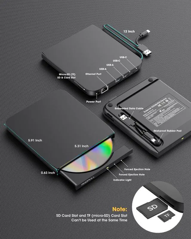 Alt view image 3 of 5 - ROOFULL Pro External CD/DVD Drive, USB 3.0 DVD CD Burner with Ethernet Adapter, USB Hub and SD/TF Card Ports, CD DVD Reader Writer Player Optical Disc Drive for Laptop MacBook PC Windows Linux Mac