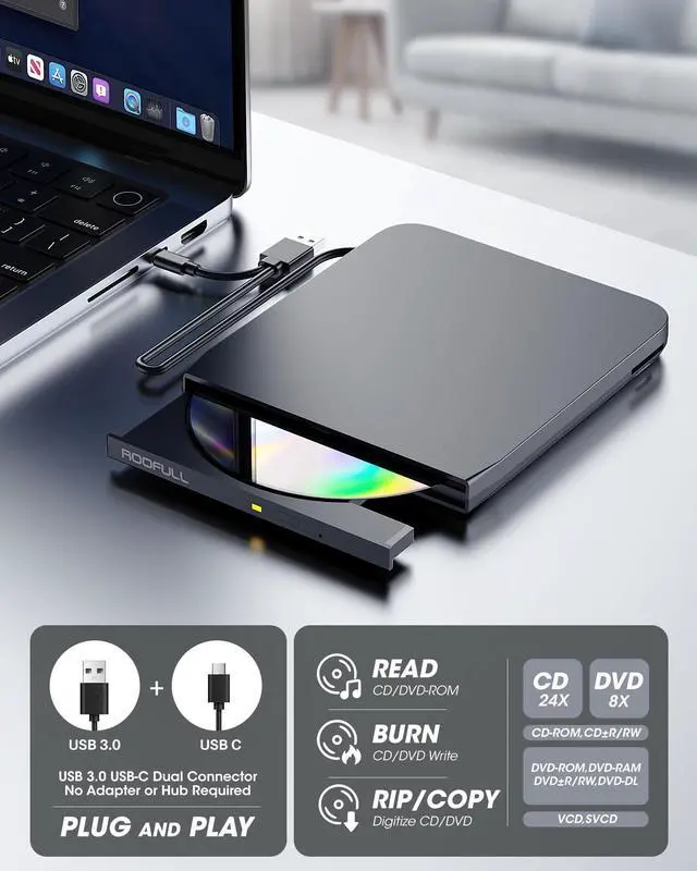 Alt view image 4 of 5 - ROOFULL Pro External CD/DVD Drive, USB 3.0 DVD CD Burner with Ethernet Adapter, USB Hub and SD/TF Card Ports, CD DVD Reader Writer Player Optical Disc Drive for Laptop MacBook PC Windows Linux Mac
