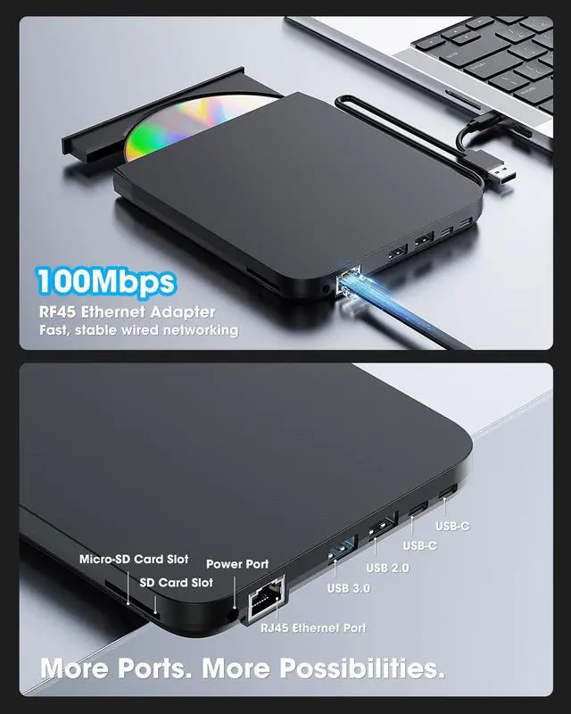 Alt view image 5 of 5 - ROOFULL Pro External CD/DVD Drive, USB 3.0 DVD CD Burner with Ethernet Adapter, USB Hub and SD/TF Card Ports, CD DVD Reader Writer Player Optical Disc Drive for Laptop MacBook PC Windows Linux Mac