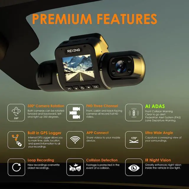 Alt view image 3 of 5 - REXING V2 PRO AI Dash CAM, 3 Channel Front Cabin Rear 1080p Recording,2.7 LCD,WiFi,Mobile App,GPS,Night Vision,Artificial Intelligence Dash Camera ADAS, Collision, Pedestrian,Lane Departure Warning