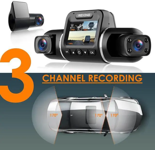 Alt view image 4 of 5 - REXING V2 PRO AI Dash CAM, 3 Channel Front Cabin Rear 1080p Recording,2.7 LCD,WiFi,Mobile App,GPS,Night Vision,Artificial Intelligence Dash Camera ADAS, Collision, Pedestrian,Lane Departure Warning