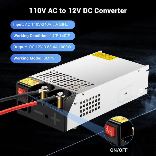 Alt view image 2 of 5 - Yaheeda 1000W Converter, 110V AC to 12V DC Converter Power SupplyMax Current 83A DC Switch Transformer for RV,Pump,LED Strip, LCD Monitor
