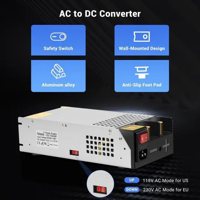 Alt view image 3 of 5 - Yaheeda 1000W Converter, 110V AC to 12V DC Converter Power SupplyMax Current 83A DC Switch Transformer for RV,Pump,LED Strip, LCD Monitor