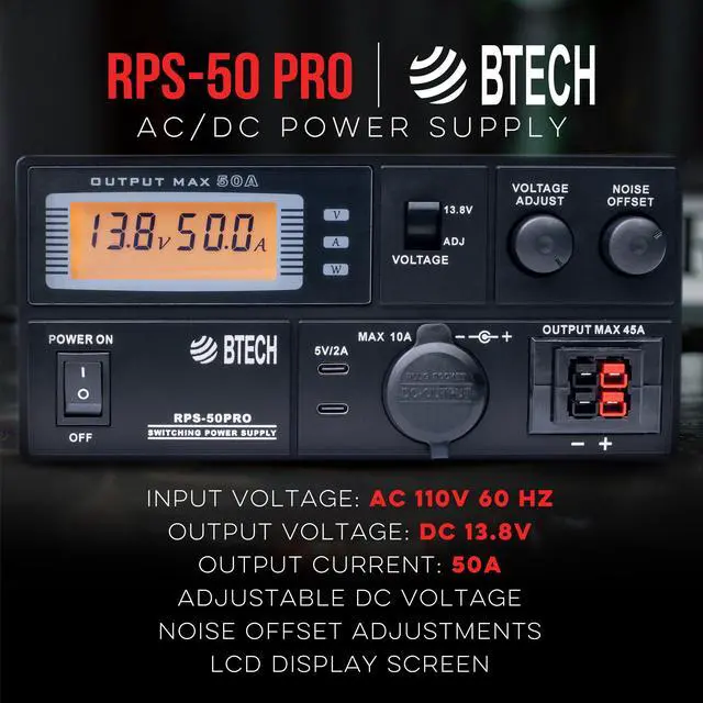 Alt view image 3 of 5 - BTECH RPS-50PRO 50A (50 Amp) Regulated Power Supply, AC-to-DC Bench Convertor, Adjustable 915V (Fixed 13.8V Option), Anderson Powerpole Connectors, Noise Offset, USB-C, and Cigarette Plug Outputs