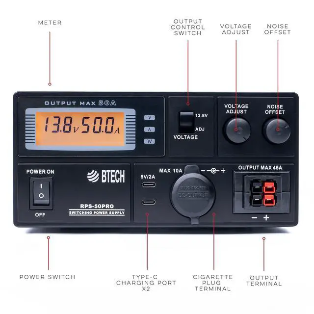 Alt view image 5 of 5 - BTECH RPS-50PRO 50A (50 Amp) Regulated Power Supply, AC-to-DC Bench Convertor, Adjustable 915V (Fixed 13.8V Option), Anderson Powerpole Connectors, Noise Offset, USB-C, and Cigarette Plug Outputs