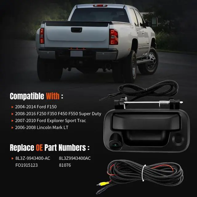 Alt view image 2 of 5 - LCWRGS Tailgate Handle with Backup Camera Fits for 2004-2016 Ford F150 F250 F350 F450 F550 Super Duty Explorer Tailgate Latch Door Handle Rear View Camera Night Vision 170 Angle OE# 8L3Z9943400AC