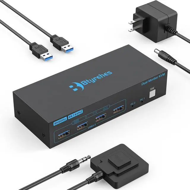 Main image of 8K HDMI KVM Switch 2 Monitors 2 Computers Dual Monitor Support 8K@60Hz 4K@144Hz KVM Switcher PC Extended Display for 2 Port Share 4 USB 3.0 HUB Desktop Controller and 2 USB Cables Included