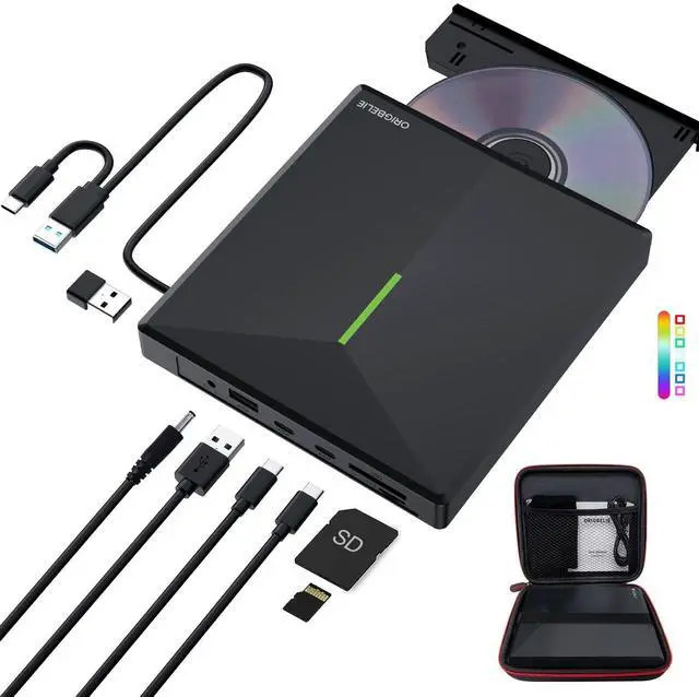 Main image of ORIGBELIE External CD DVD Drive with 4 USB Ports and 2 TF/SD Card Slots, USB 3.0 Portable CD/DVD Disk Drive Player Burner Reader Writer for Laptop Mac PC Windows 11/10/8/7 Linux OS with Carrying Case