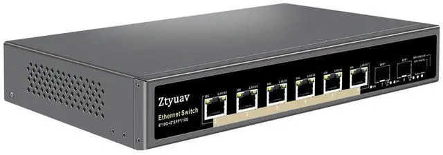 Main image of Ztyuav 8 Port Unmanaged 10G Ethernet Switch with 6 x 10G RJ-45 Ports, 2 x 10G SFP Ports, Ports Speed Auto-Negotiation-1000/2500/10000Mbps, One-Key VLAN, Fanless Metal Design, Plug & Play
