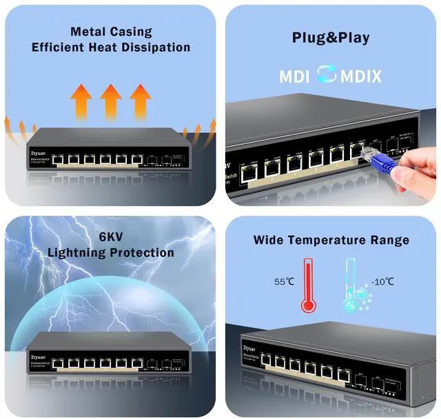 Alt view image 2 of 4 - Ztyuav 8 Port Unmanaged 10G Ethernet Switch with 6 x 10G RJ-45 Ports, 2 x 10G SFP Ports, Ports Speed Auto-Negotiation-1000/2500/10000Mbps, One-Key VLAN, Fanless Metal Design, Plug & Play