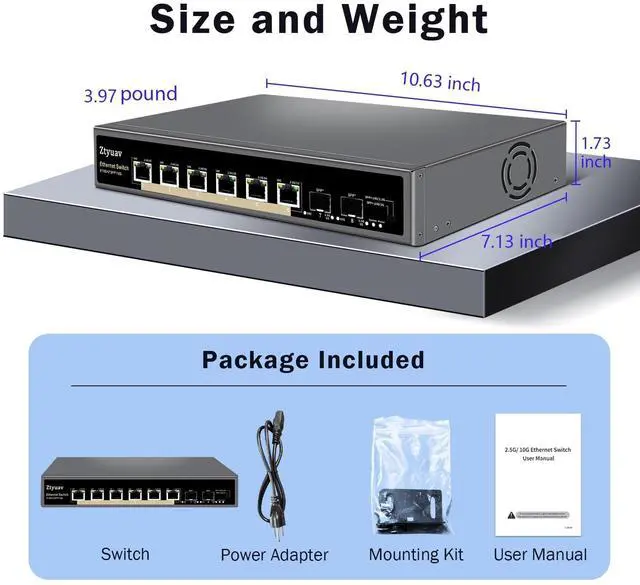 Alt view image 3 of 4 - Ztyuav 8 Port Unmanaged 10G Ethernet Switch with 6 x 10G RJ-45 Ports, 2 x 10G SFP Ports, Ports Speed Auto-Negotiation-1000/2500/10000Mbps, One-Key VLAN, Fanless Metal Design, Plug & Play