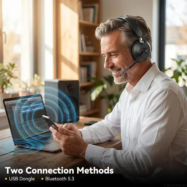 Alt view image 3 of 5 - Waxop Wireless Headset with Mic for Work, Bluetooth Headset with Noise Cancelling Microphone, Charging Base & USB Computer Headset with Microphone for Call Center/Office/Home/PC/Laptop/Teams/Zo