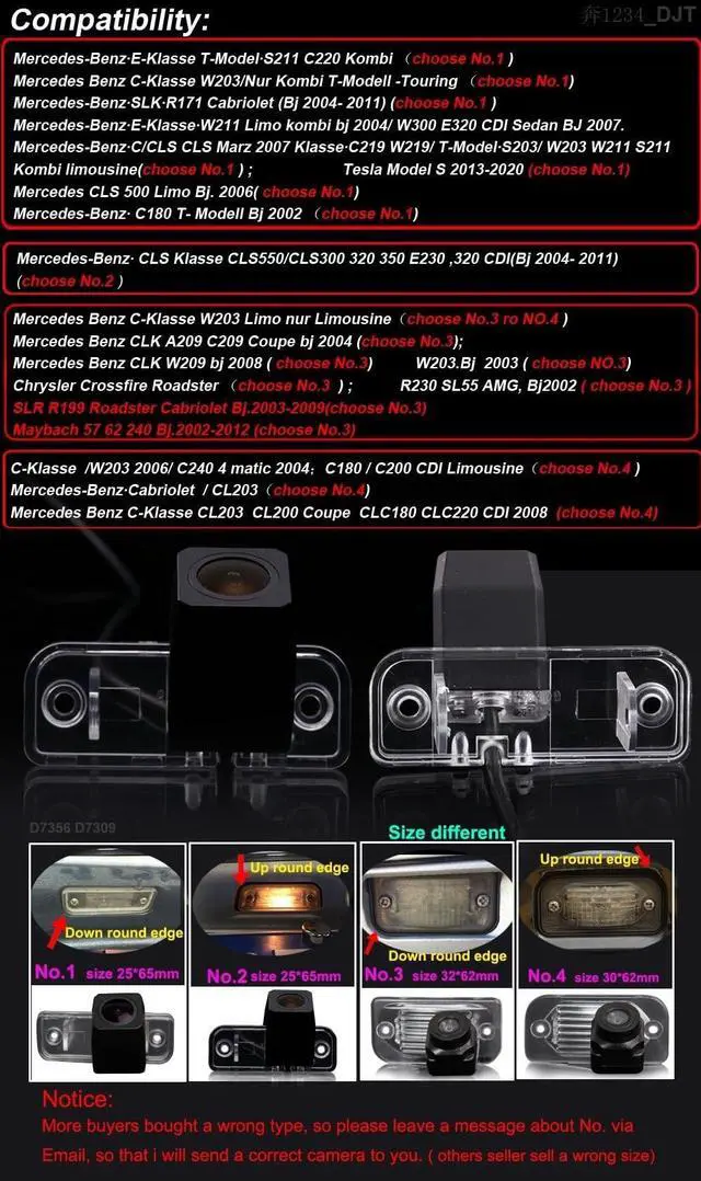 Alt view image 2 of 5 - Waterproof License Plate Rear View Reverse Camera 170Wide Angle Night Vision Parking Camera Replacement for Mercedes-Benz C-Klasse W203 Limo (No.3)