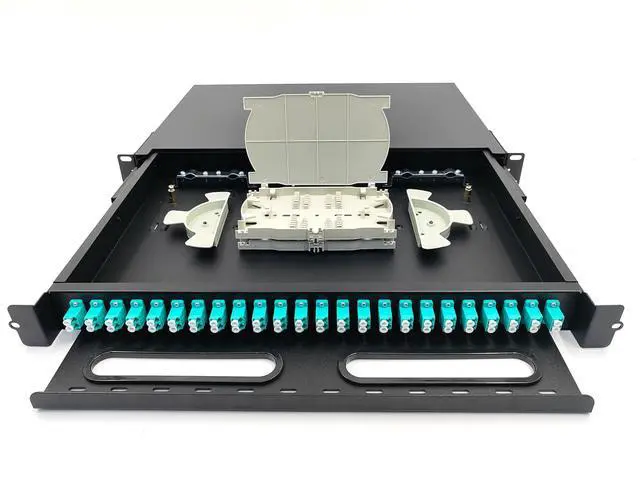 Alt view image 2 of 5 - Duogalia LC-OM3 24 Duplex Multimode 48 Port Rack Mount Enclosure Box with Fiber Splice Tray (Drawer Type Design, Includes 1.2 Meter Pigtail and 24pcs Coupler)