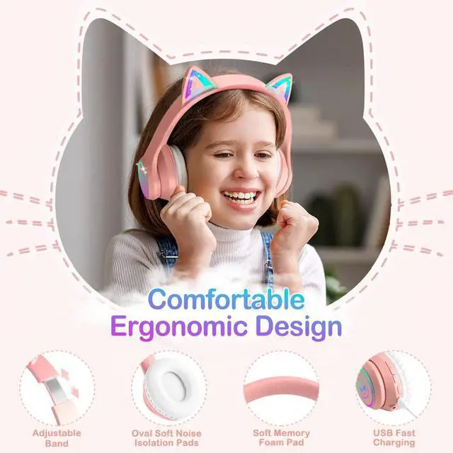 Alt view image 2 of 5 - LOBKIN Bluetooth 5.4 Kids Headphones with Case - RGB LED Light Up Cat Ears Foldable Adjustable Over Ear Headphone Support Wireless or 3.5mm Wired Mode for Toddler & Girls & Boys Teens