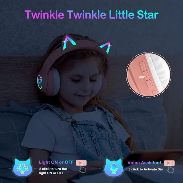 Alt view image 4 of 5 - LOBKIN Bluetooth 5.4 Kids Headphones with Case - RGB LED Light Up Cat Ears Foldable Adjustable Over Ear Headphone Support Wireless or 3.5mm Wired Mode for Toddler & Girls & Boys Teens