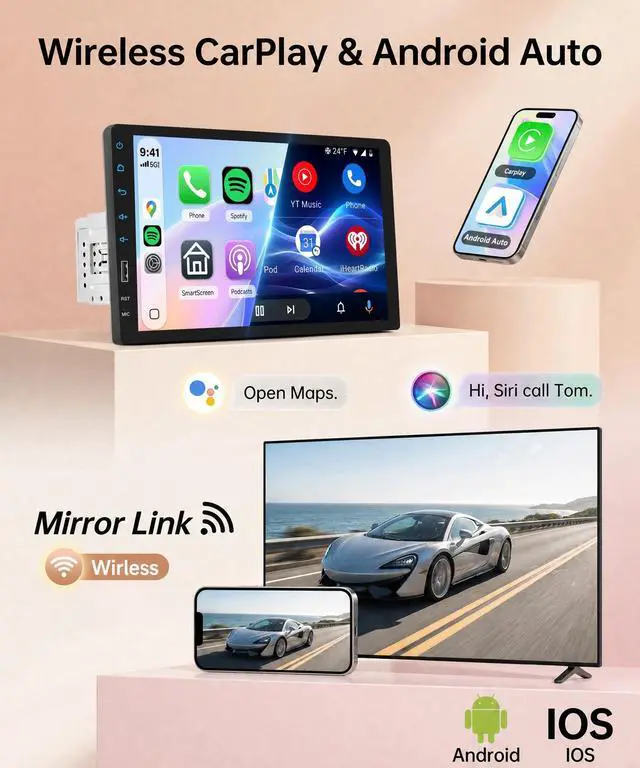 Alt view image 2 of 5 - KYNNT 9 Inch Single Din Car Radio Stereo, Wireless CarPlay Android Auto, 1 Din Touchscreen Car Stereo, Bluetooth FM EQ USB SWC MIC, Support Mirror Link Backup Camera