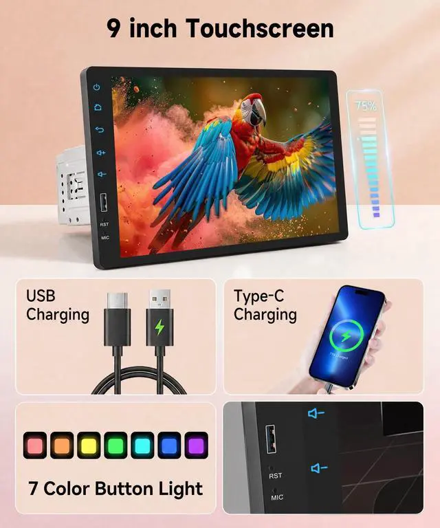 Alt view image 3 of 5 - KYNNT 9 Inch Single Din Car Radio Stereo, Wireless CarPlay Android Auto, 1 Din Touchscreen Car Stereo, Bluetooth FM EQ USB SWC MIC, Support Mirror Link Backup Camera