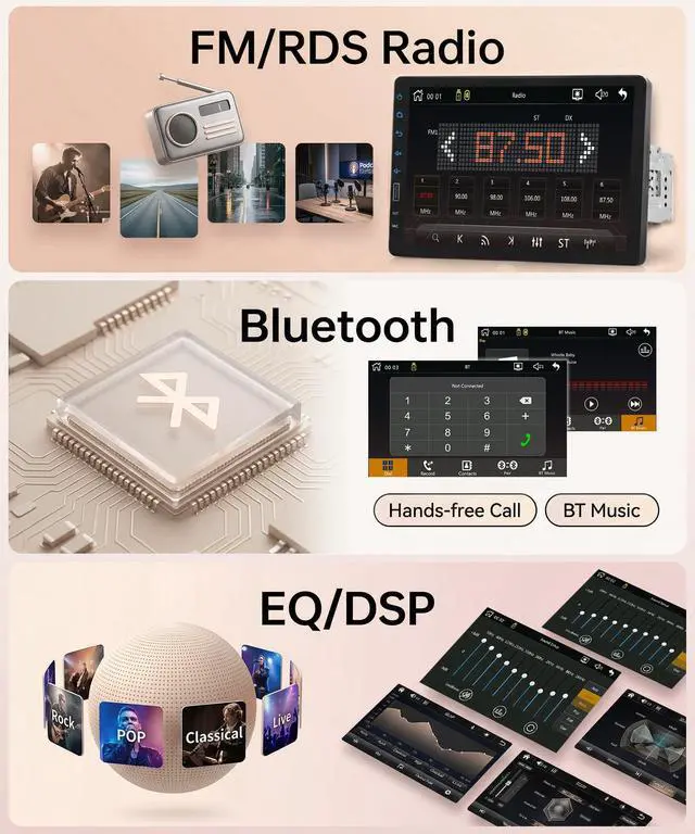 Alt view image 4 of 5 - KYNNT 9 Inch Single Din Car Radio Stereo, Wireless CarPlay Android Auto, 1 Din Touchscreen Car Stereo, Bluetooth FM EQ USB SWC MIC, Support Mirror Link Backup Camera